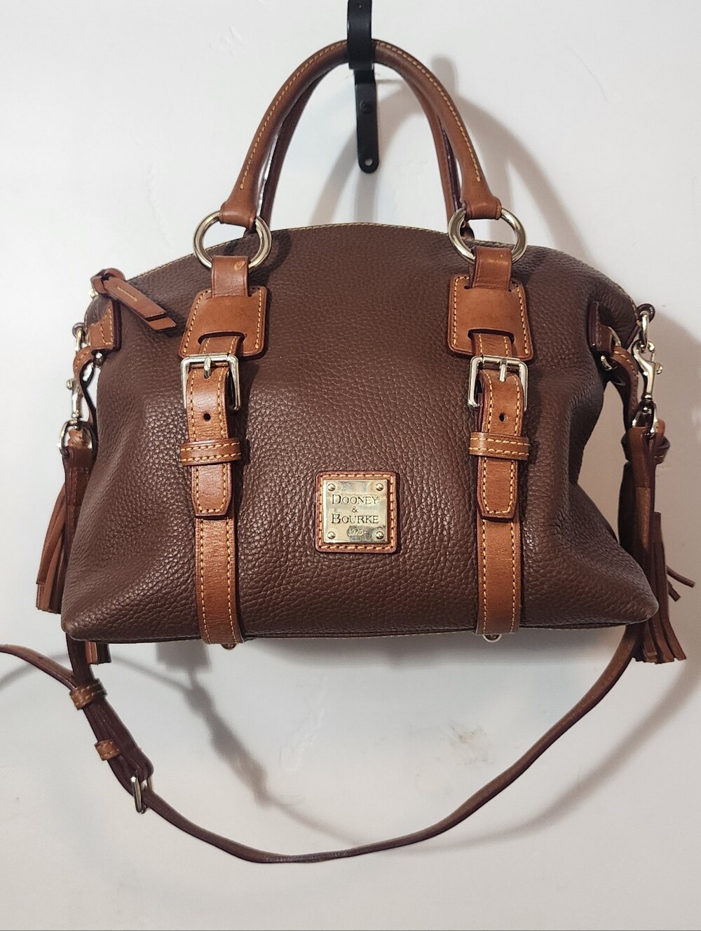 Dooney & Bourke Brown Pebbled Leather Satchel with Tan Trim